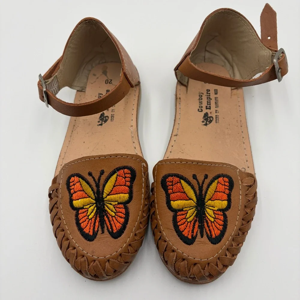 Cowboy Empire Kids Leather Butterfly Embroidered Huarache Sandals Tan Size 20